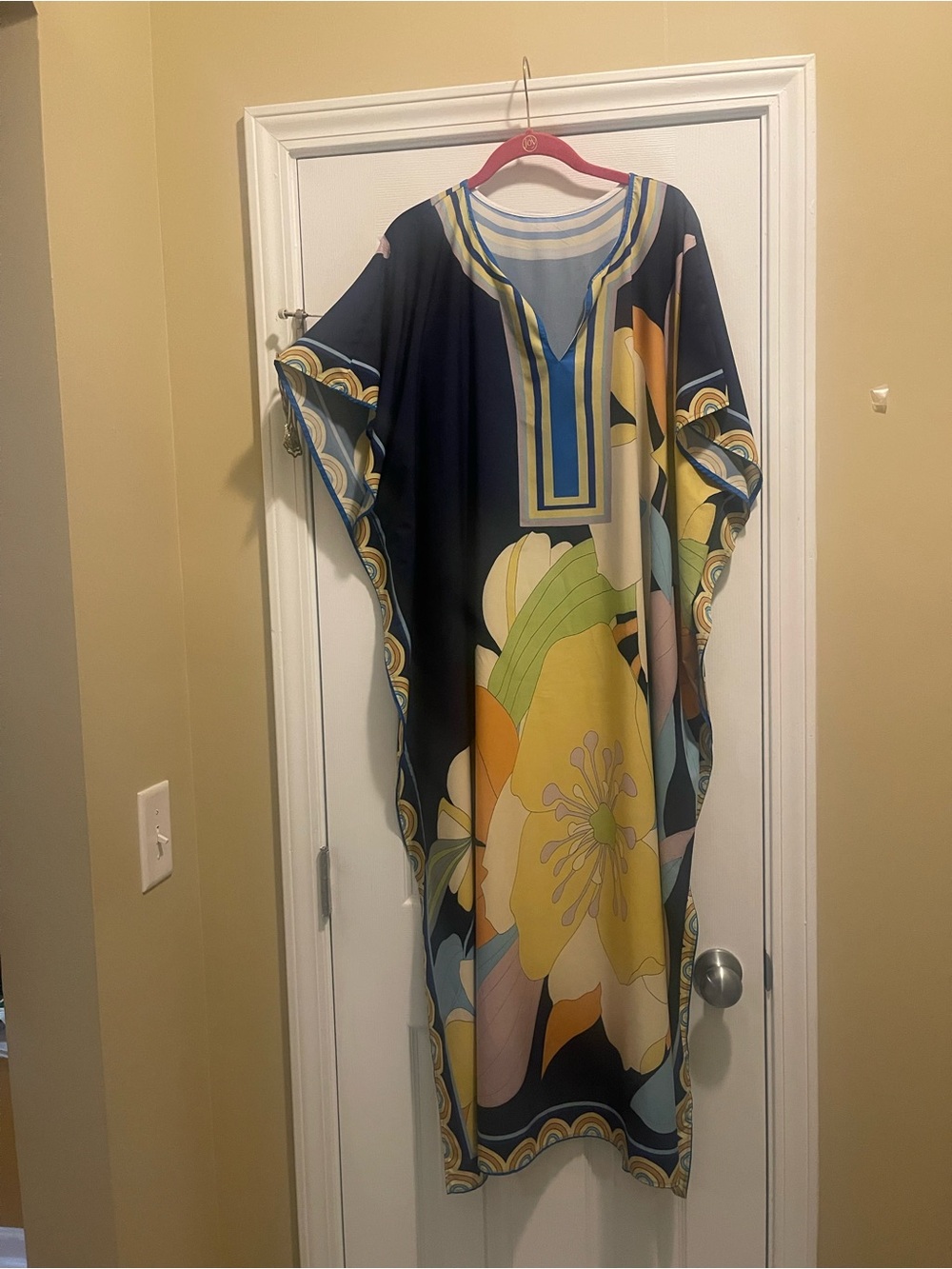 Colorful Floral Kaftan Tunic - Navy, Yellow, Green - Picture 8 of 16